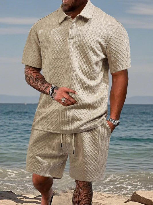 Men's Plus Size Knit Polo Shirt Shorts Set
