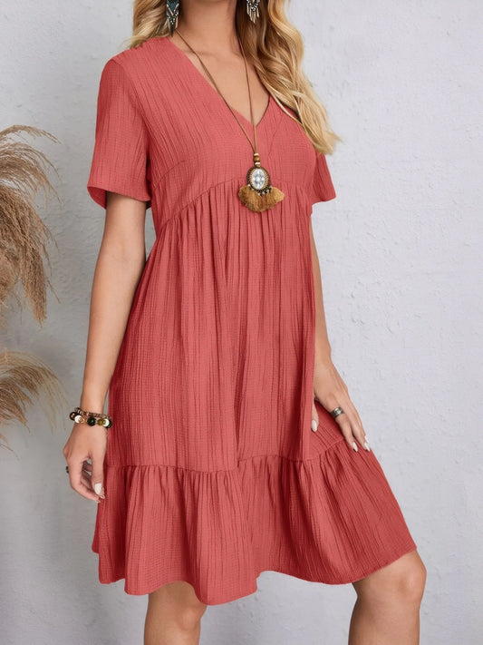 V Neck Tiered Dress Flutter Sleeve Women's Outfit