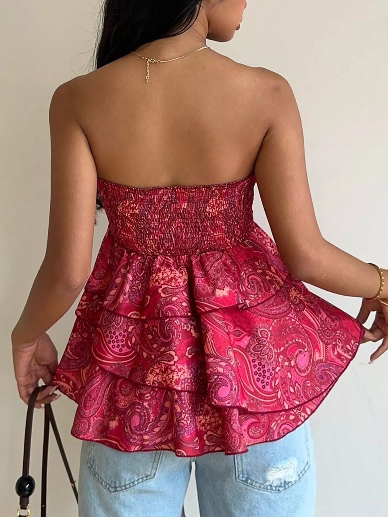 Smocked Layered Paisley Print Tube Women's Top