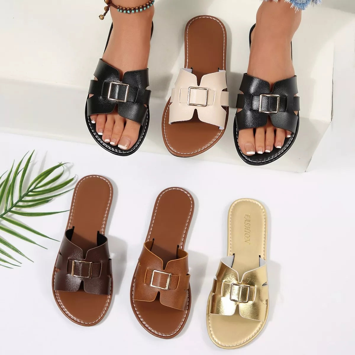 Elegant Buckle Slide Sandals Women's Casual Comfort Footwear