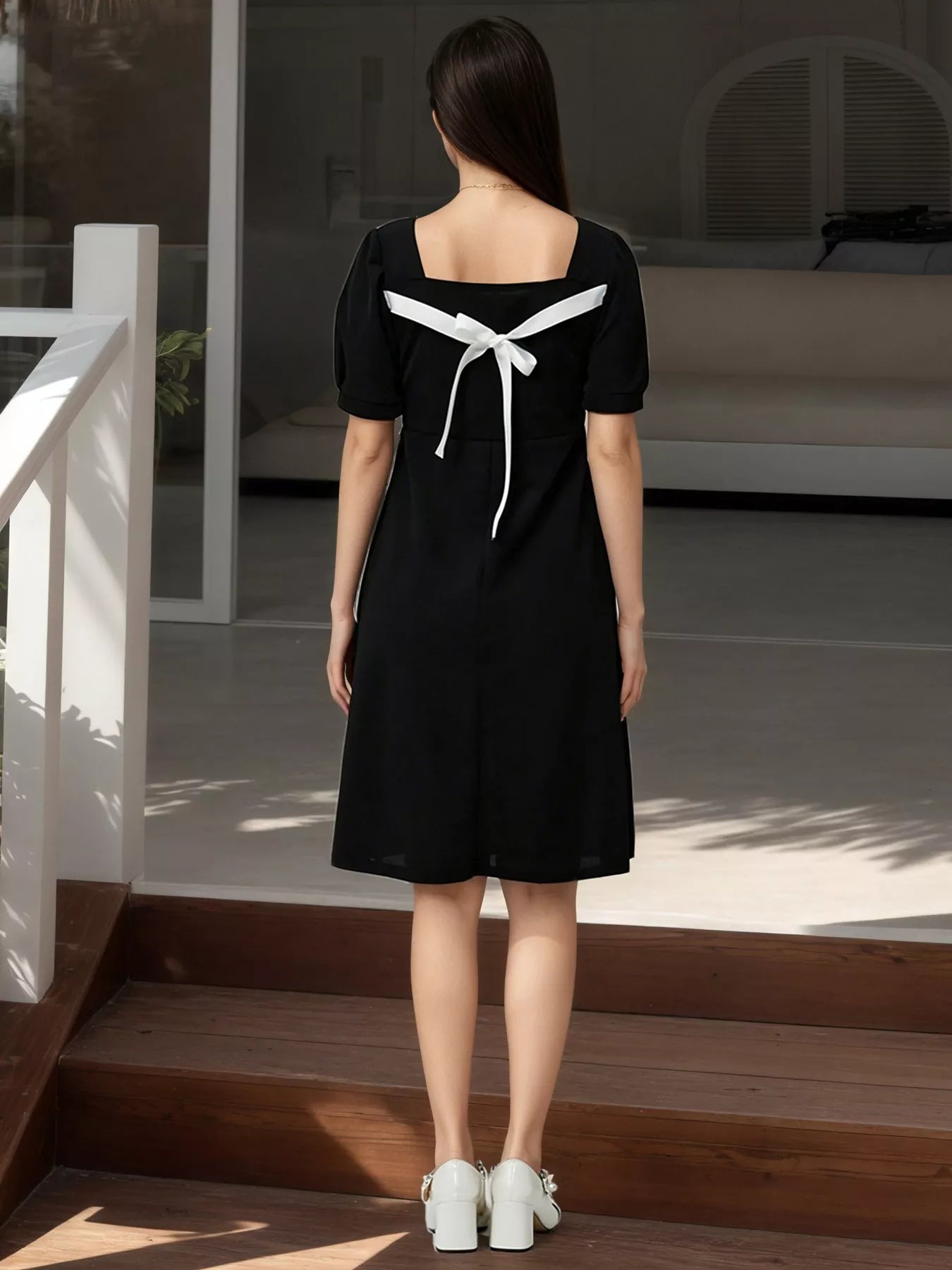 Puff Sleeve Bow Back Mini Women's Dress