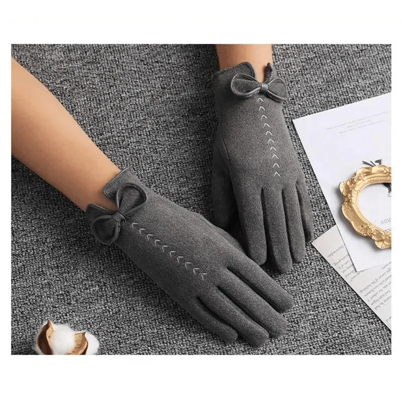 Elegant Black Women's Winter Bow Warm Outdoor Gloves