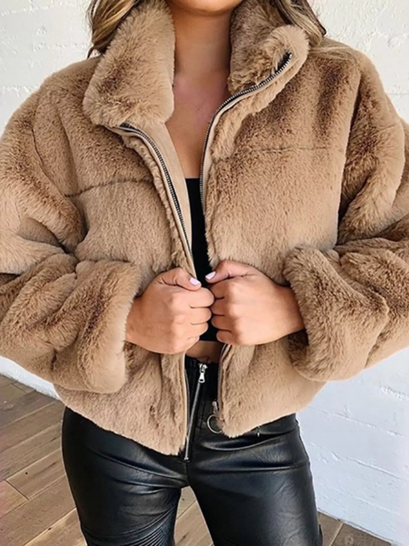 Plus Size Faux Fur Cropped Zip Up Jacket