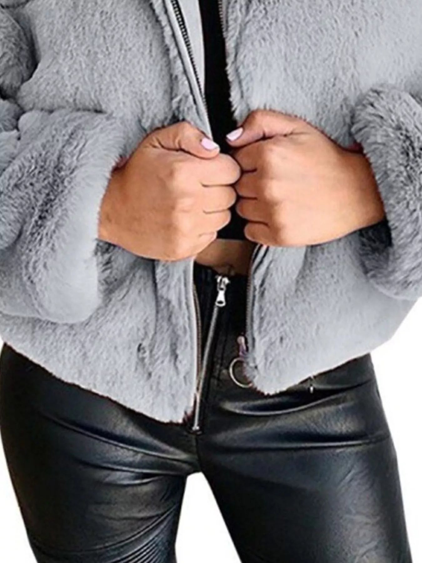 Plus Size Faux Fur Cropped Zip Up Jacket