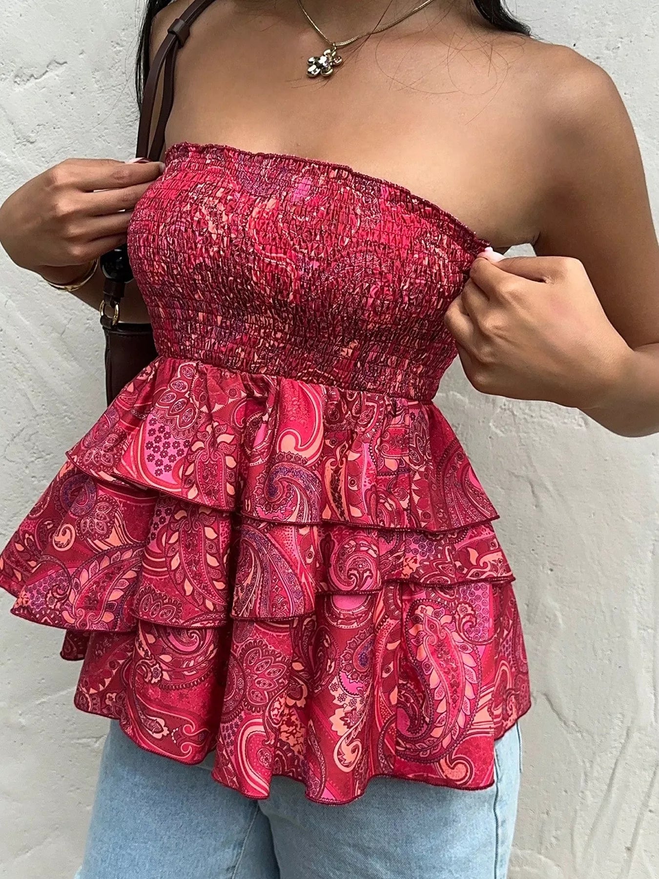 Smocked Layered Paisley Print Tube Women's Top