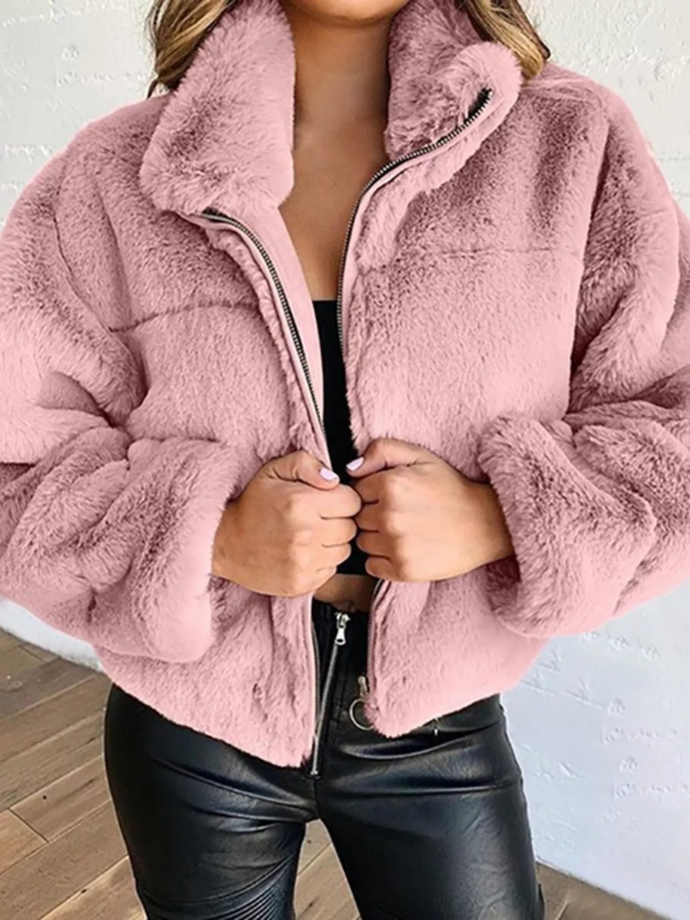 Plus Size Faux Fur Cropped Zip Up Jacket