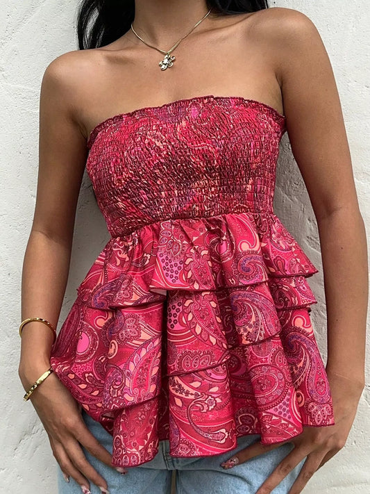 Smocked Layered Paisley Print Tube Women's Top