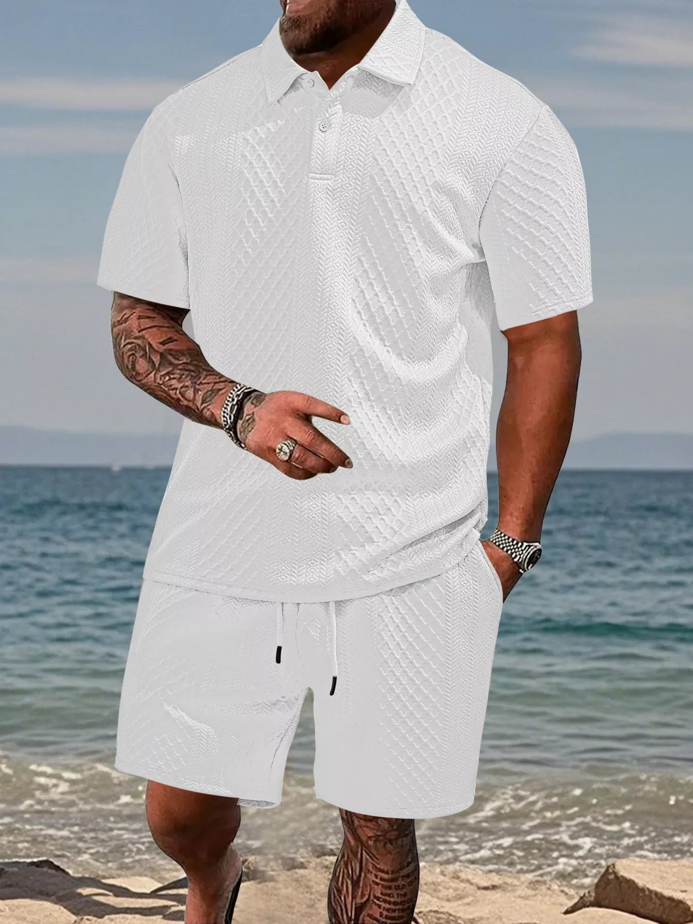 Men's Plus Size Knit Polo Shirt Shorts Set