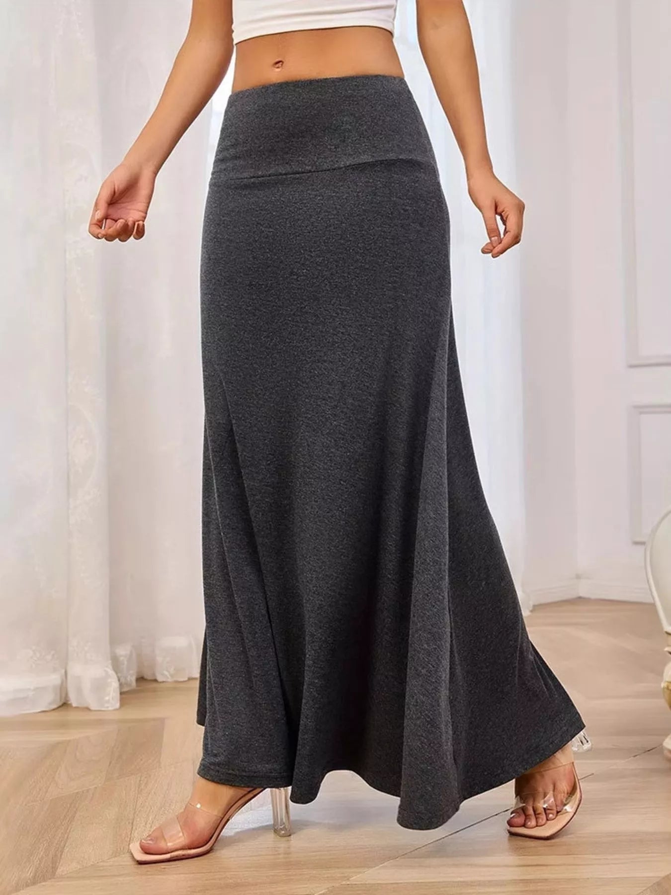 Flowy Maxi Skirt Wide Waistband Women's Elegant Wear
