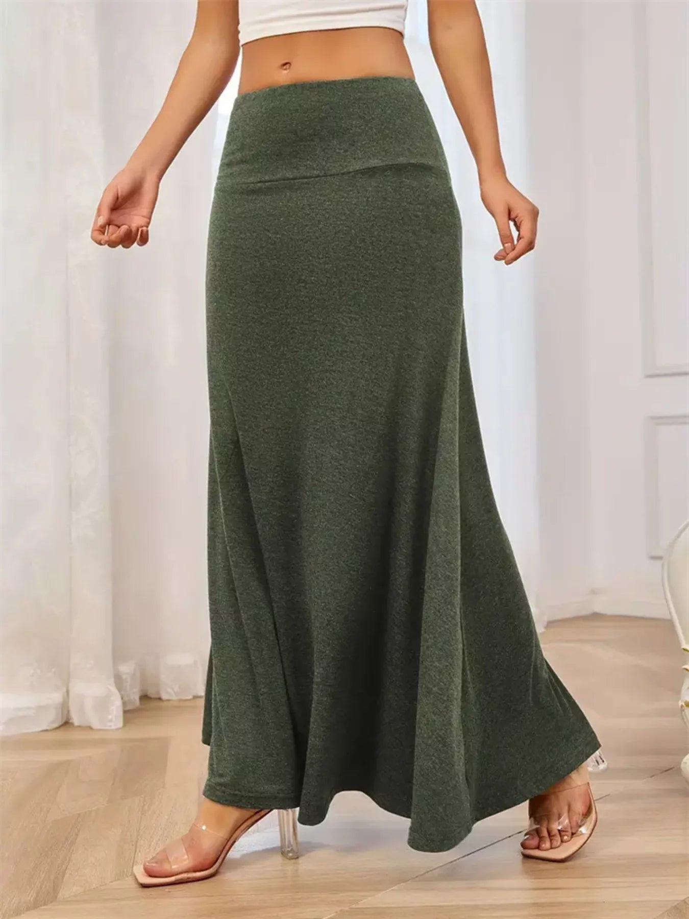 Flowy Maxi Skirt Wide Waistband Women's Elegant Wear