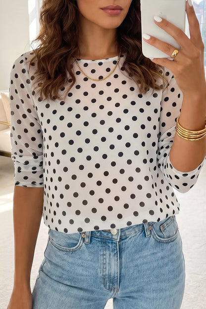 Polka Dot Sheer Mesh Long Sleeve Shift Top