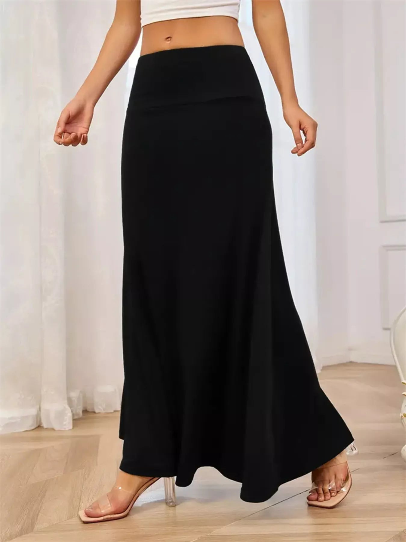 Flowy Maxi Skirt Wide Waistband Women's Elegant Wear