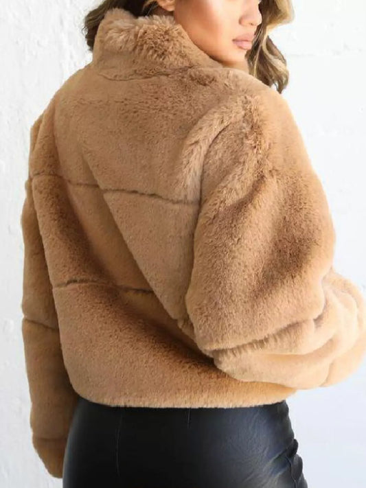 Plus Size Faux Fur Cropped Zip Up Jacket