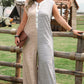 Gray Stripe Plus Size Color Block Buttoned Sleeveless Wide Leg Jumpsuit