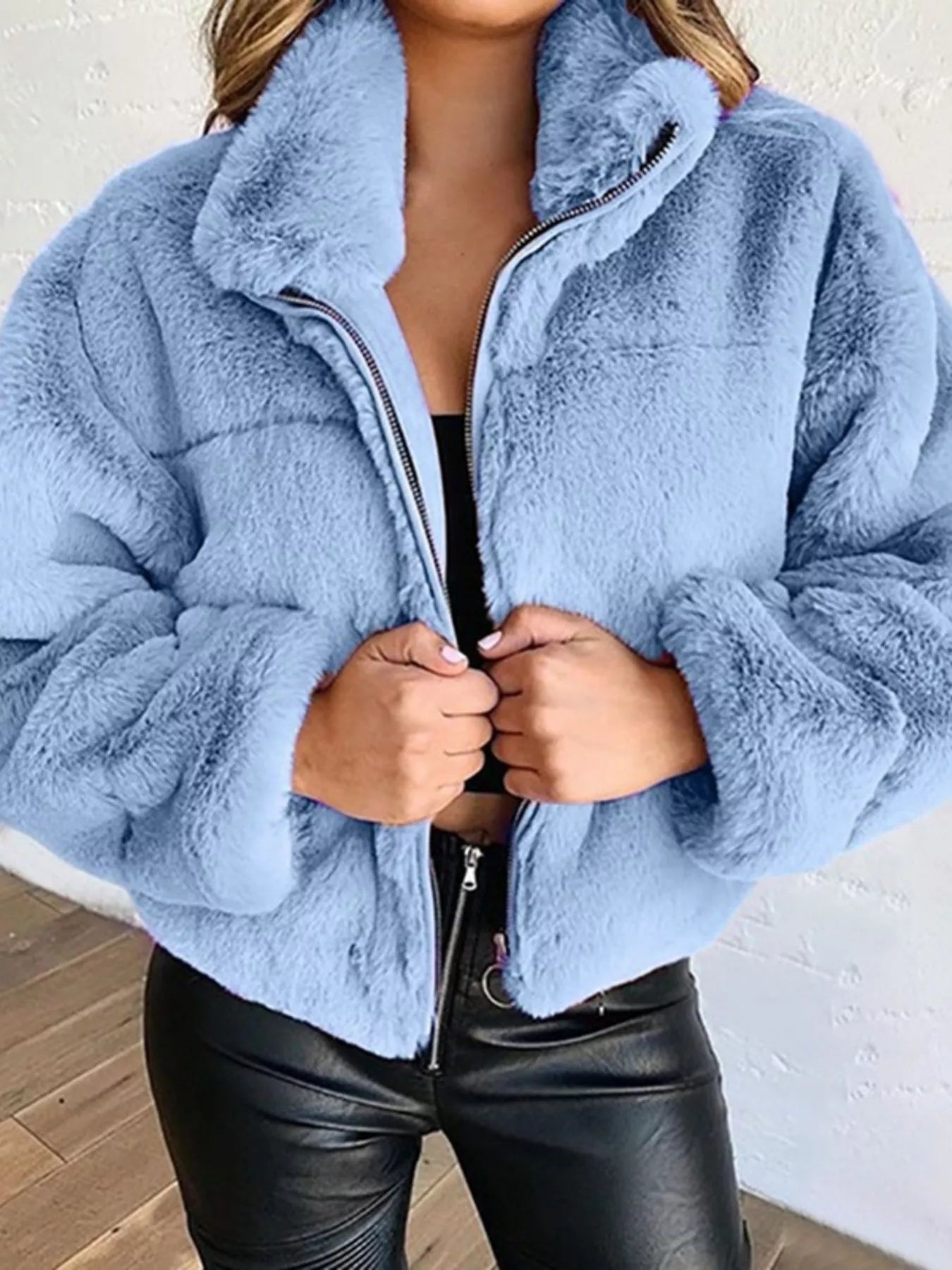 Plus Size Faux Fur Cropped Zip Up Jacket