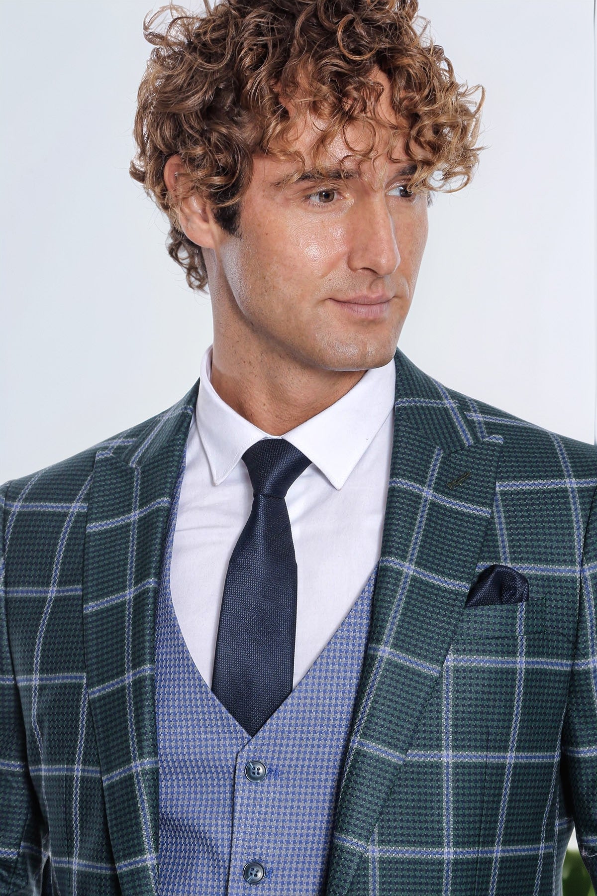 Checked Pattern Slim Fit Green Men's Suit