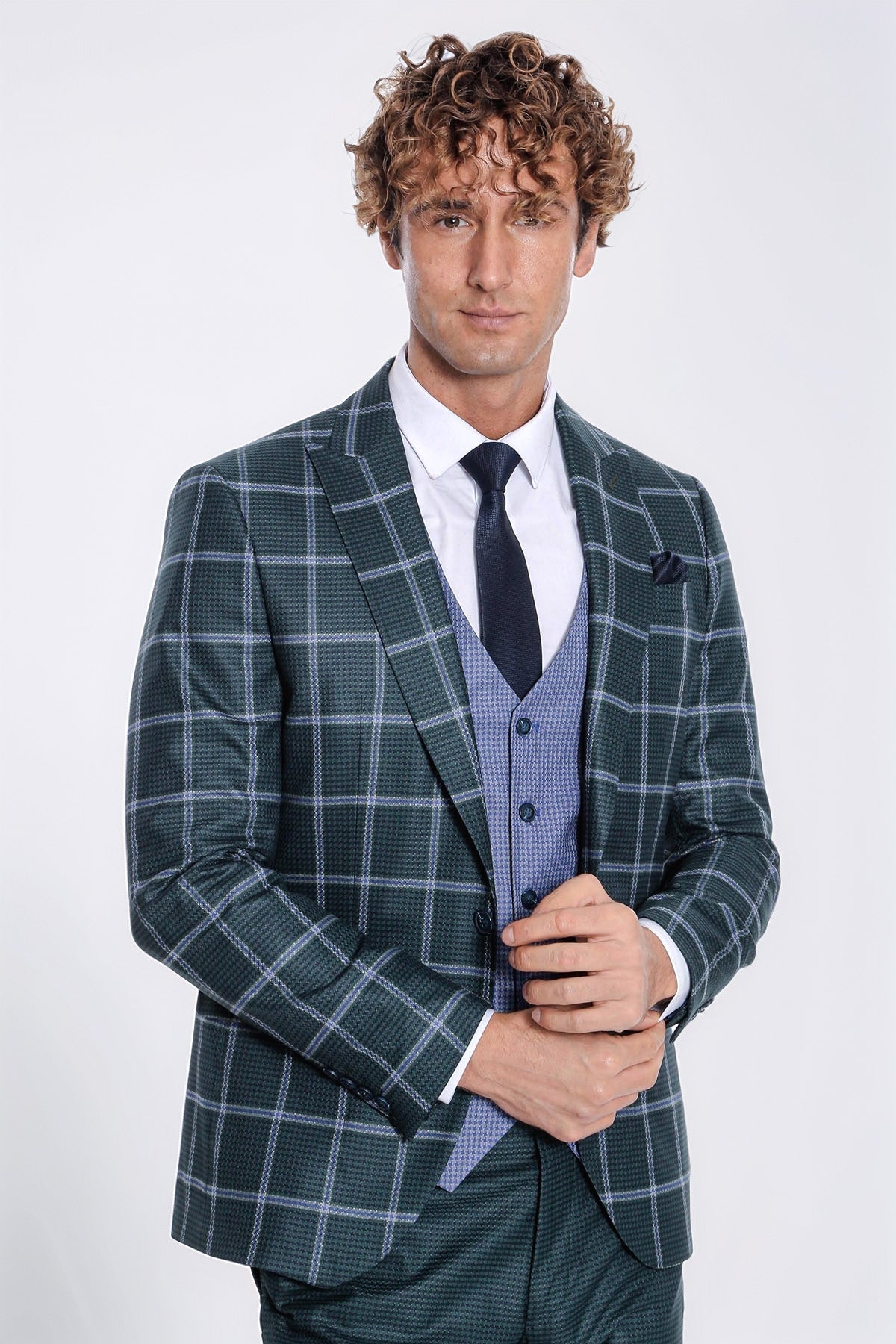 Checked Pattern Slim Fit Green Men's Suit