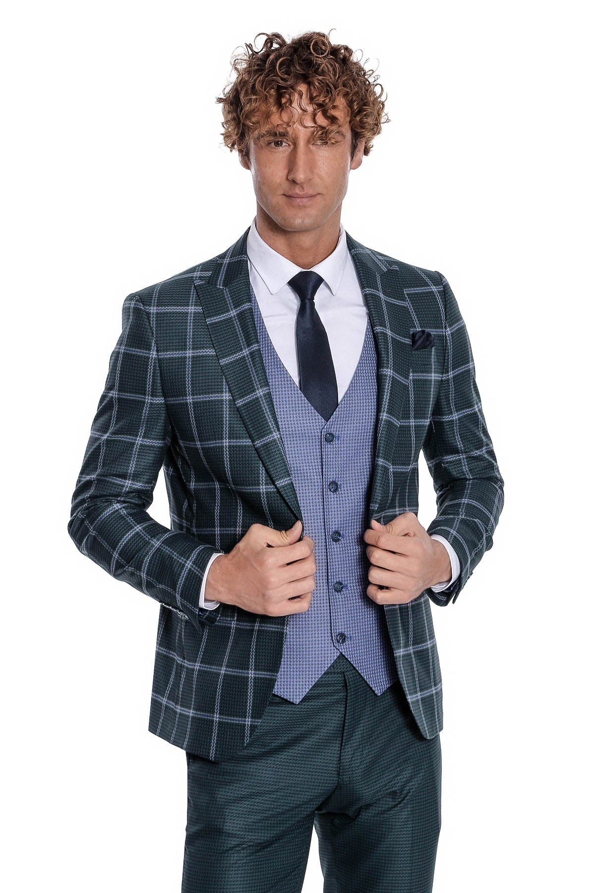 Checked Pattern Slim Fit Green Men's Suit