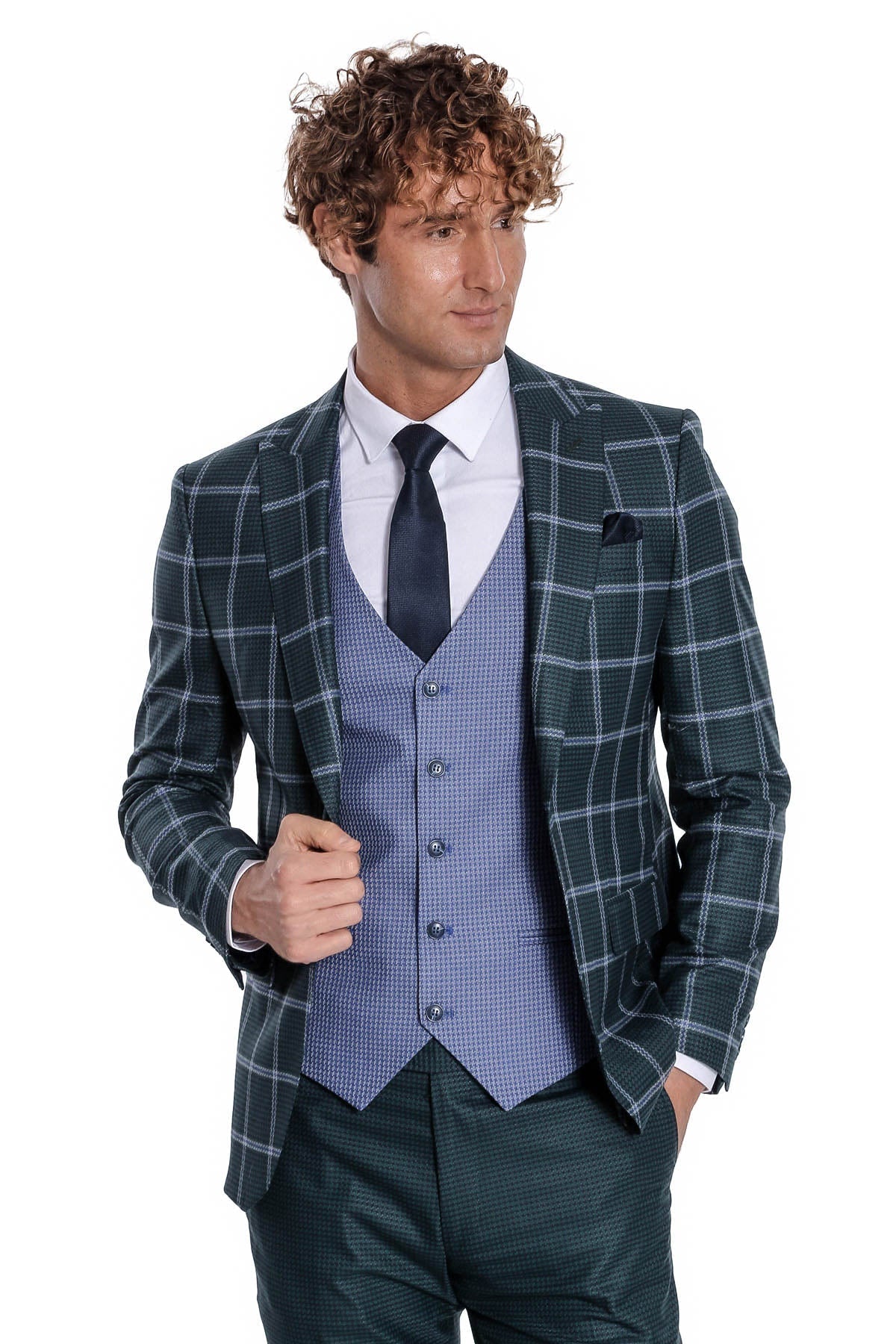 Checked Pattern Slim Fit Green Men's Suit