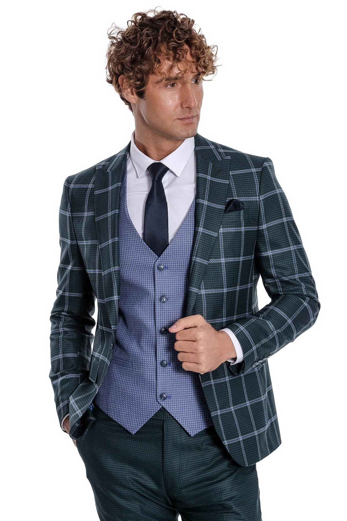 Checked Pattern Slim Fit Green Men's Suit