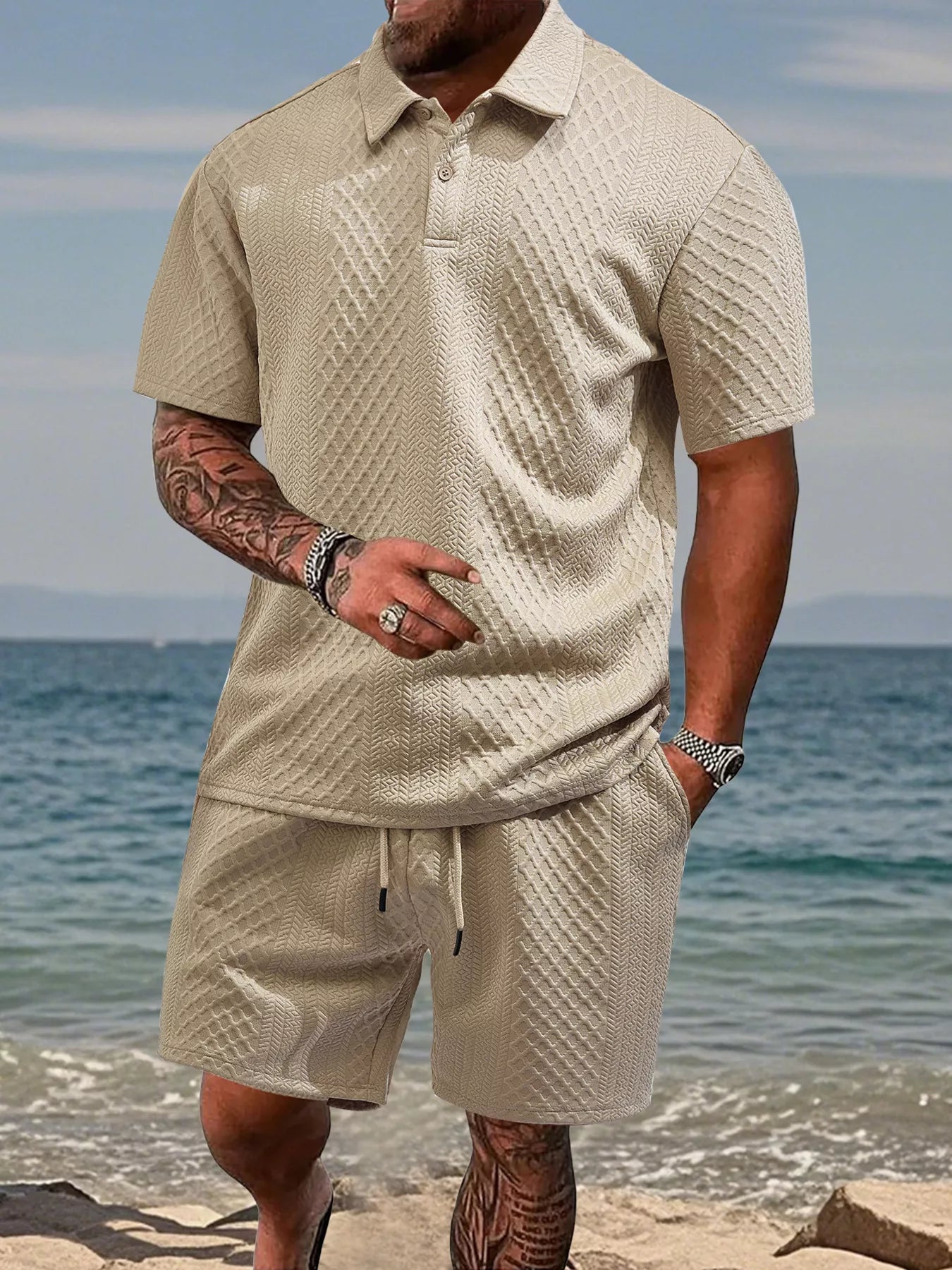 Men's Plus Size Knit Polo Shirt Shorts Set