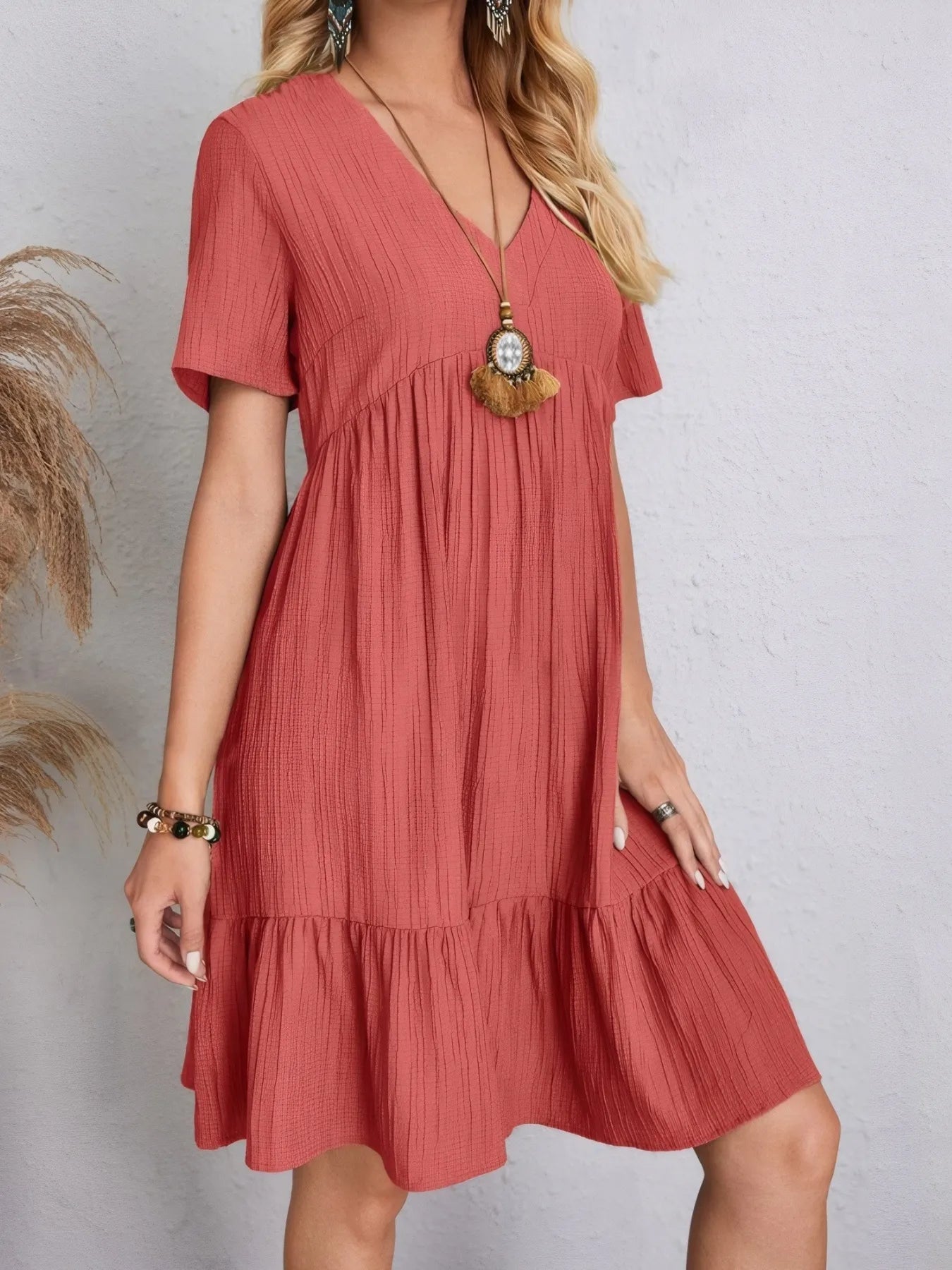 V Neck Tiered Dress Flutter Sleeve Women's Outfit