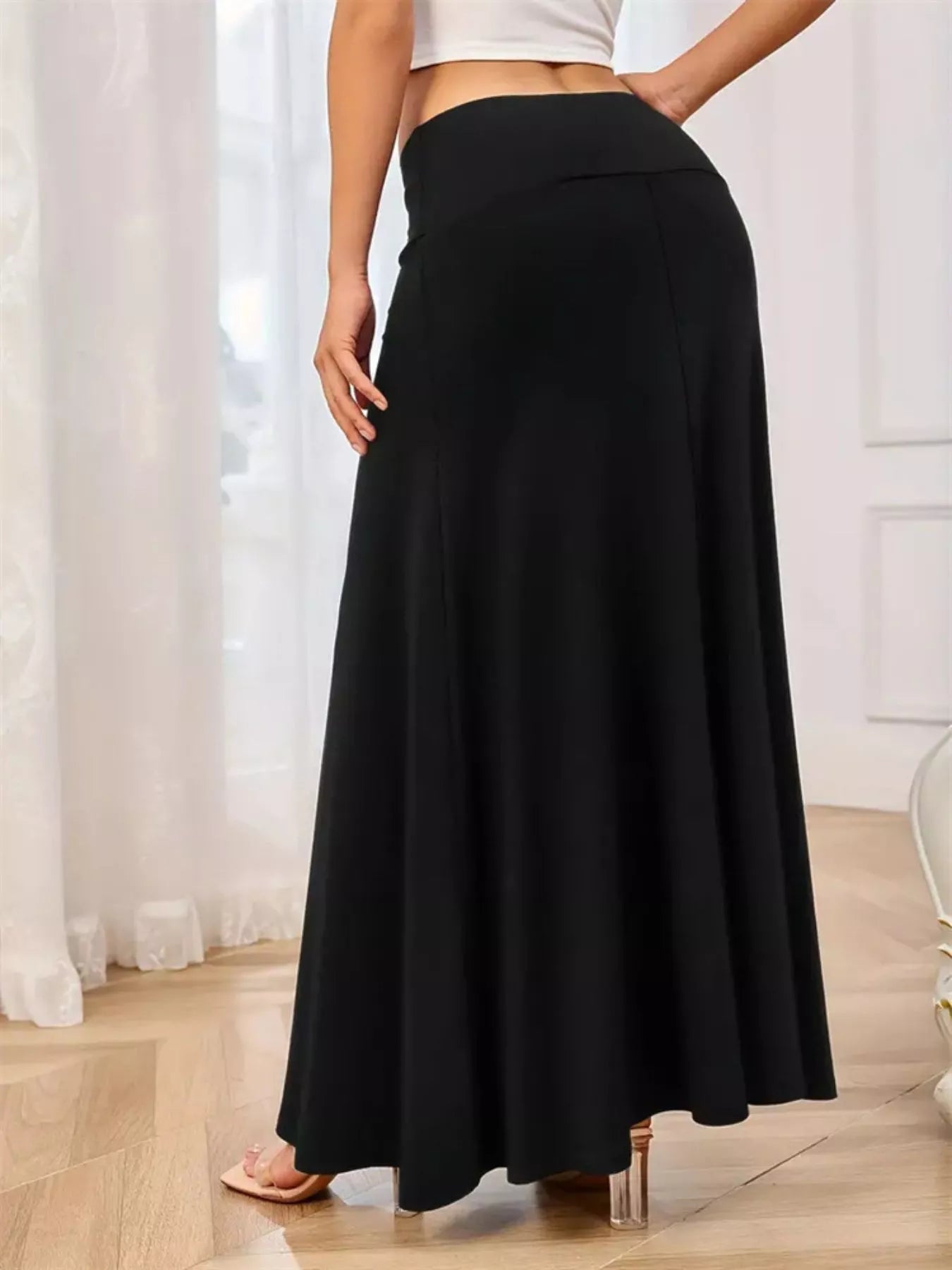 Flowy Maxi Skirt Wide Waistband Women's Elegant Wear