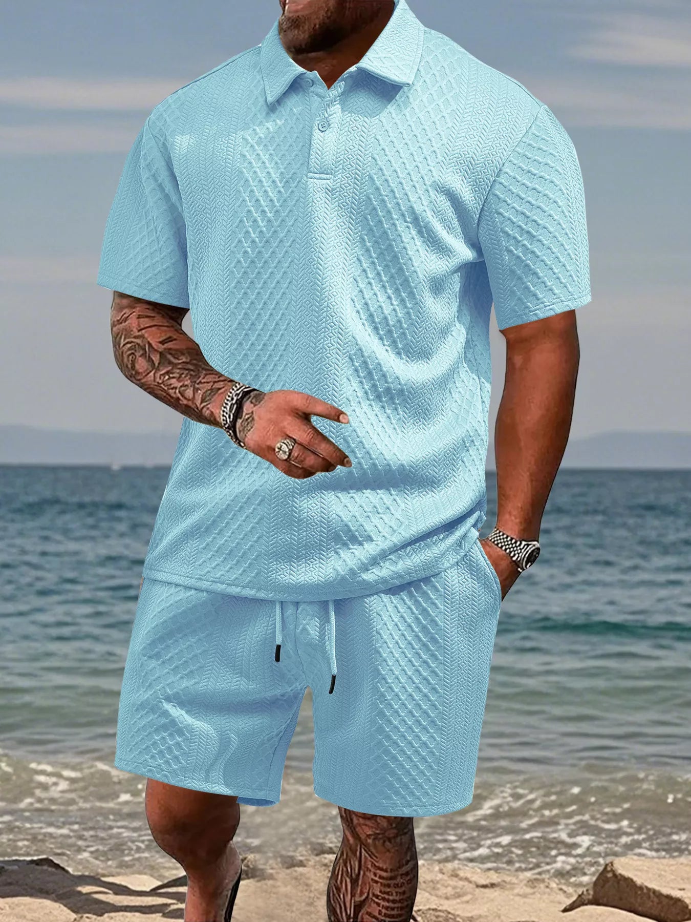 Men's Plus Size Knit Polo Shirt Shorts Set