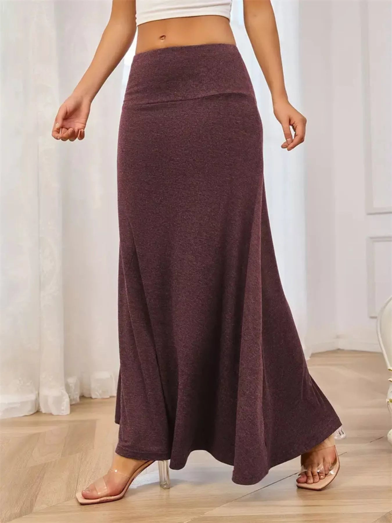 Flowy Maxi Skirt Wide Waistband Women's Elegant Wear