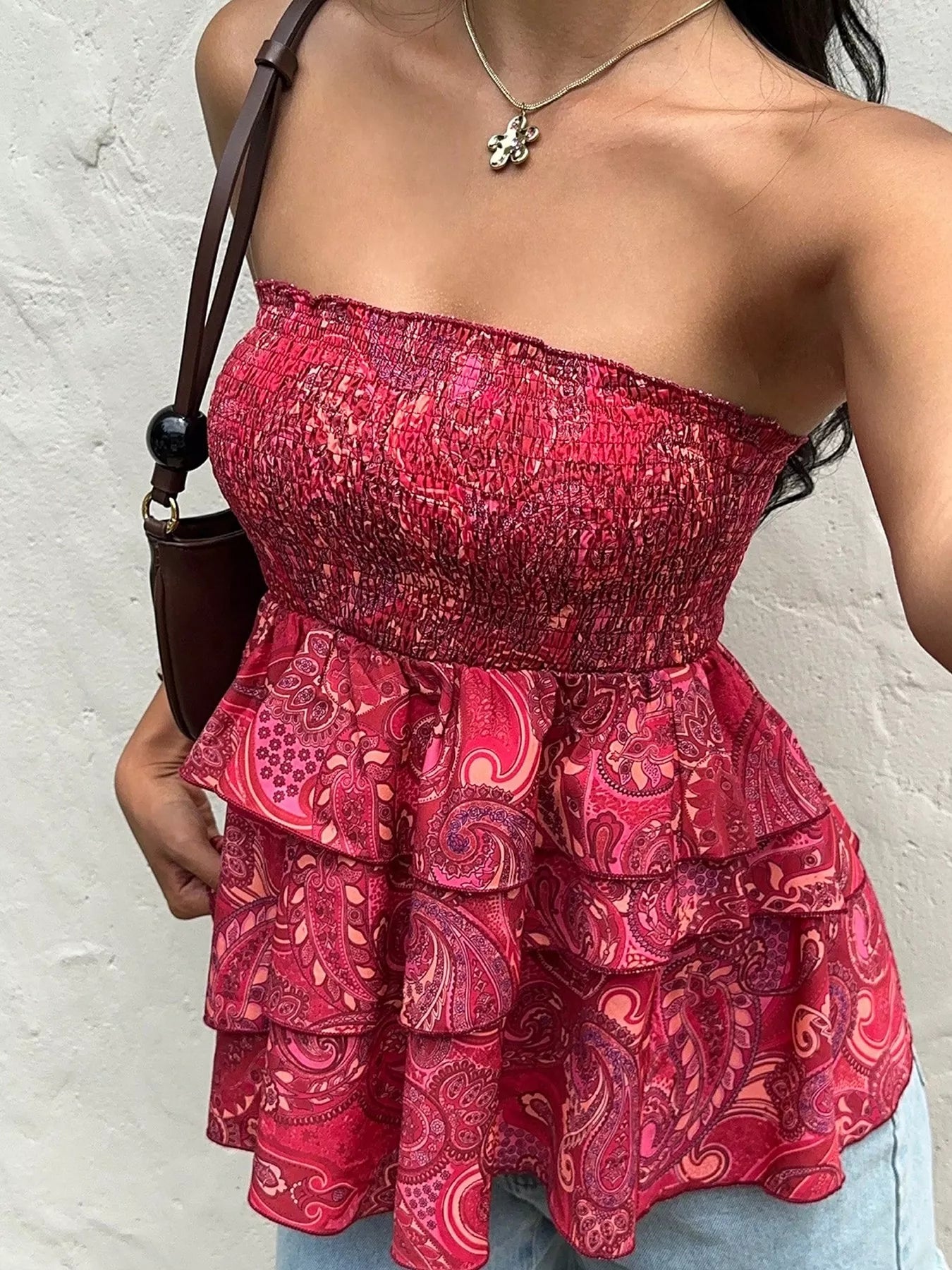 Smocked Layered Paisley Print Tube Women's Top