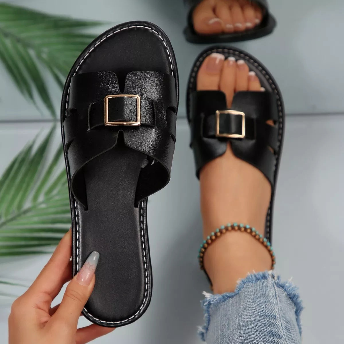Elegant Buckle Slide Sandals Women's Casual Comfort Footwear