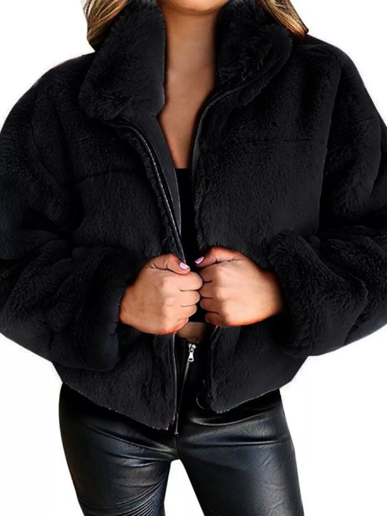 Plus Size Faux Fur Cropped Zip Up Jacket
