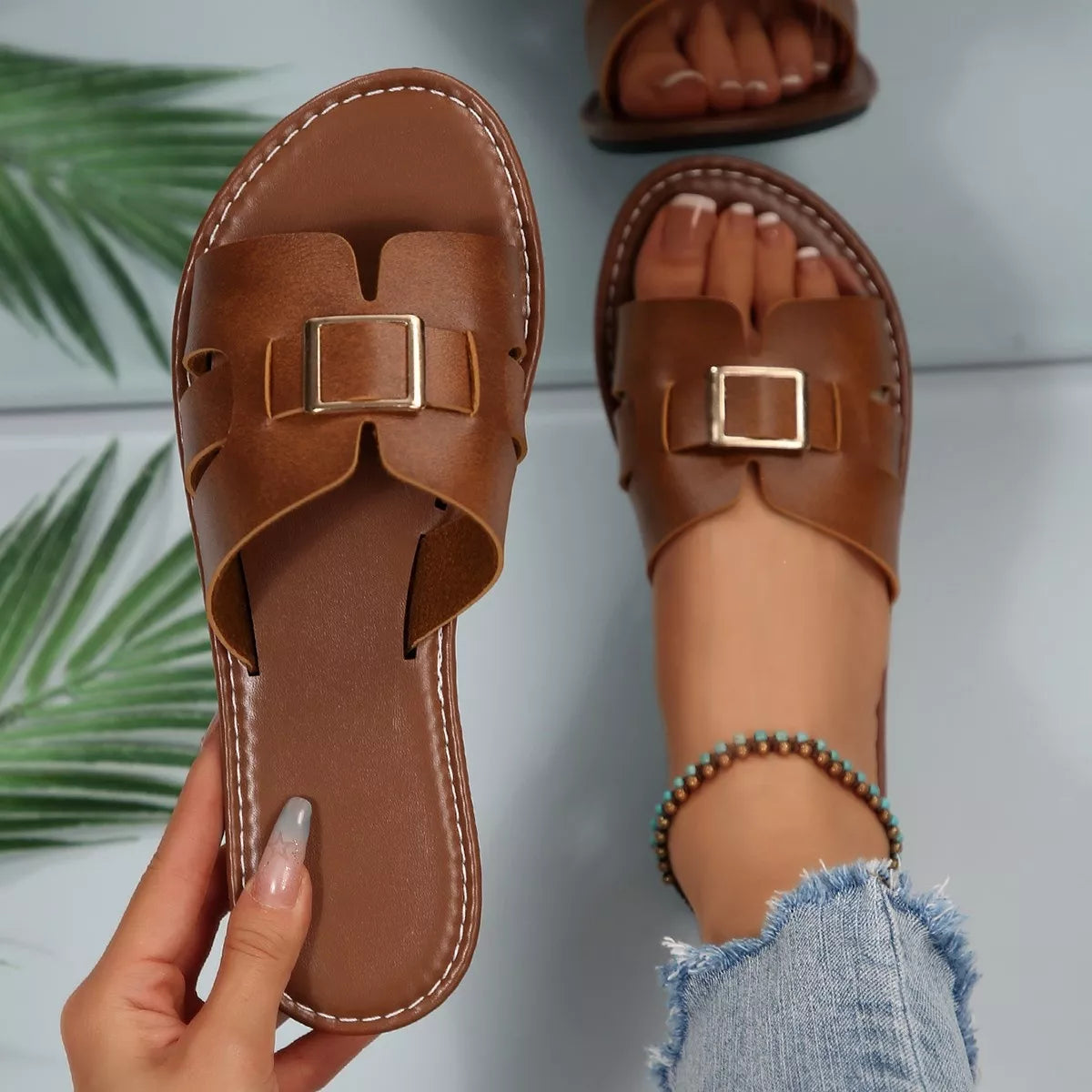 Elegant Buckle Slide Sandals Women's Casual Comfort Footwear