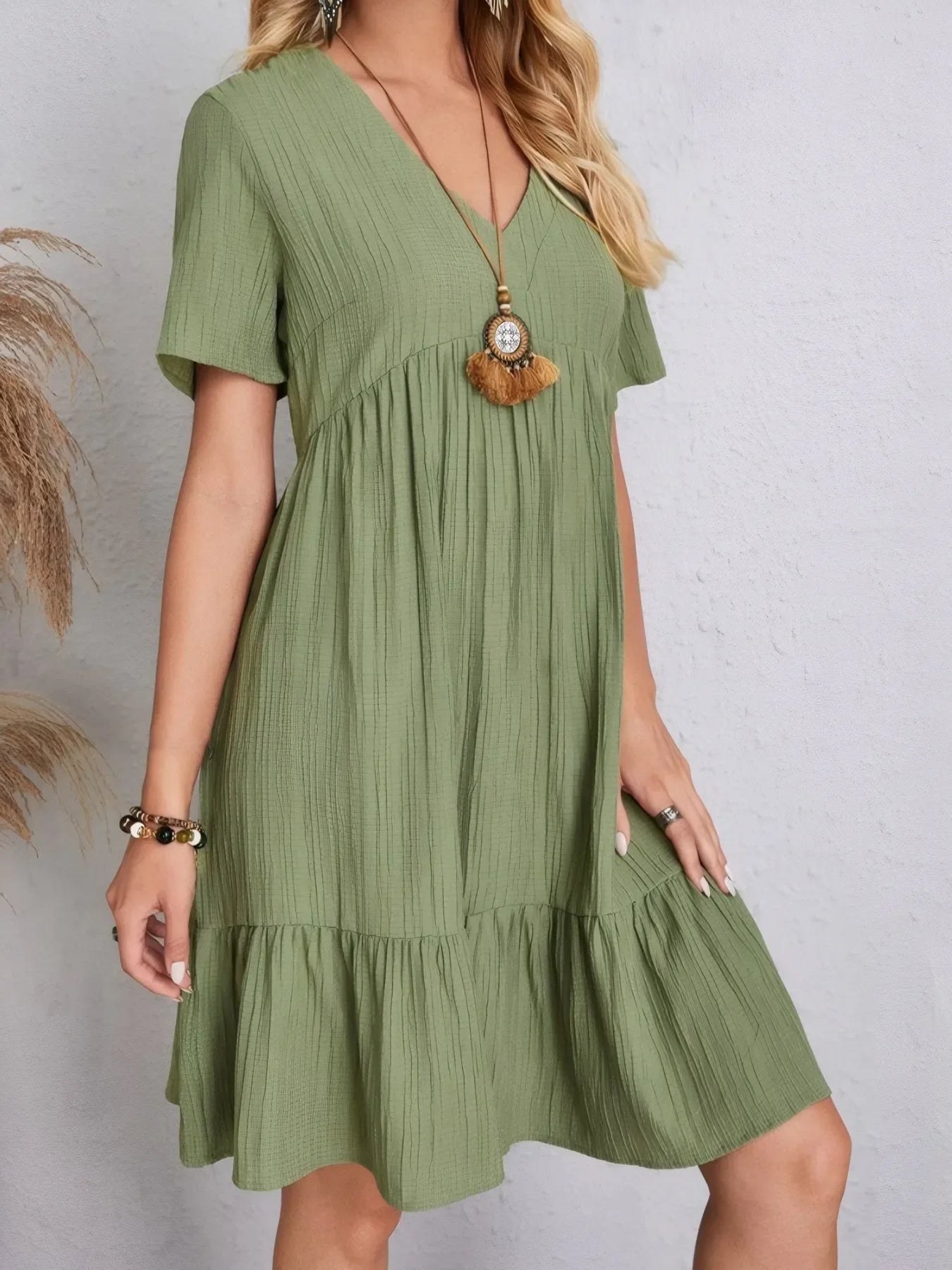 V Neck Tiered Dress Flutter Sleeve Women's Outfit
