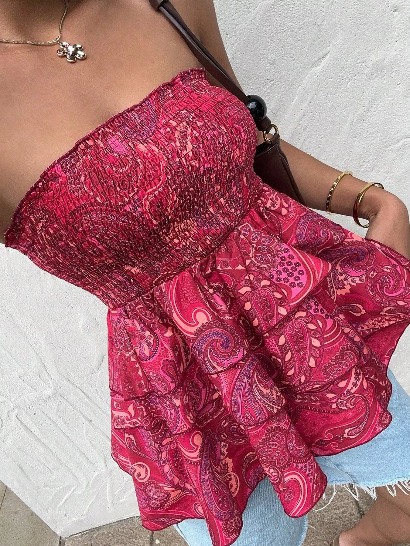Smocked Layered Paisley Print Tube Women's Top