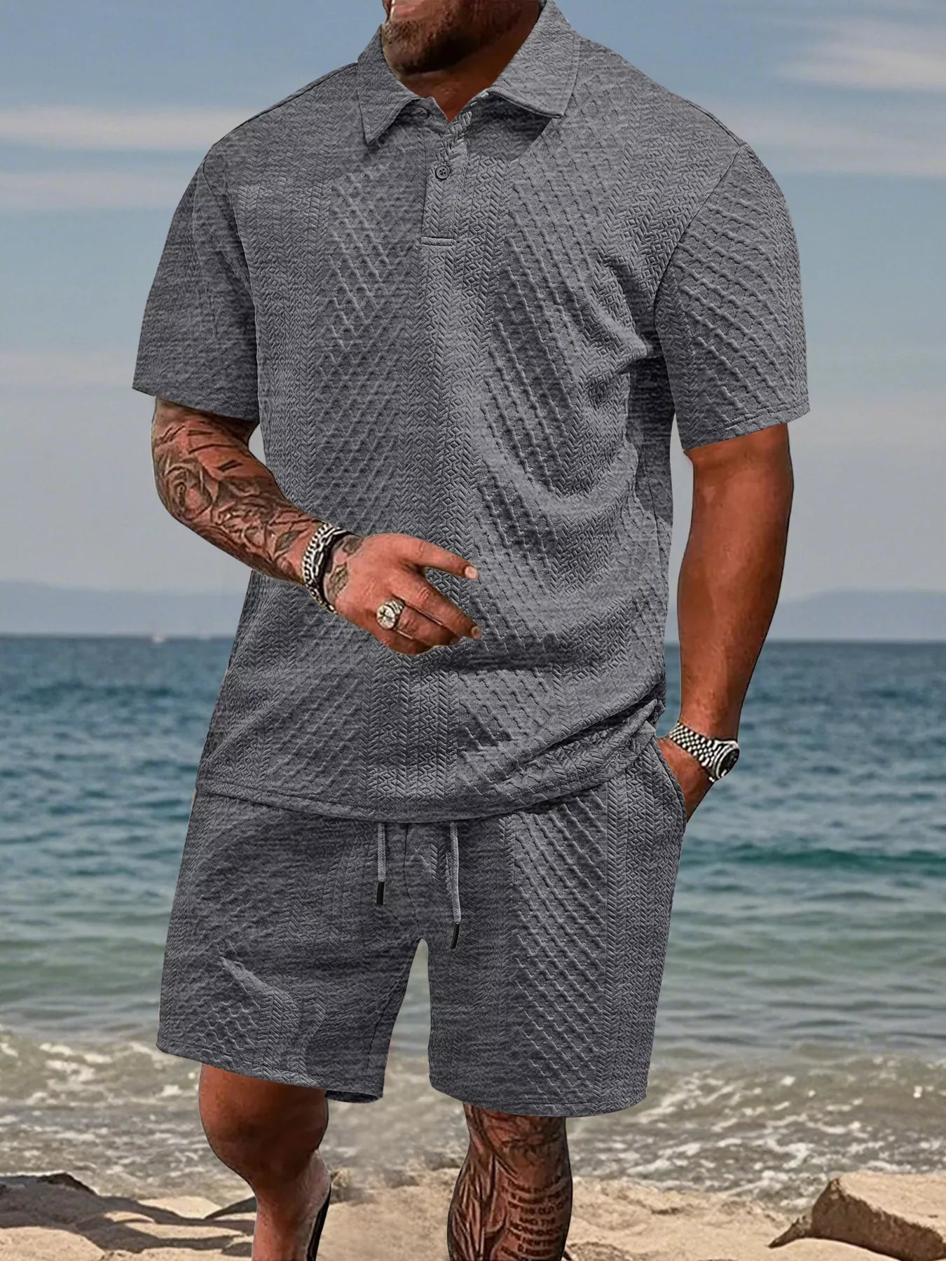 Men's Plus Size Knit Polo Shirt Shorts Set