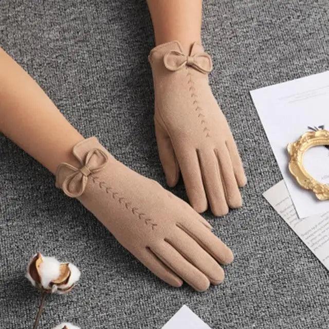 Elegant Black Women's Winter Bow Warm Outdoor Gloves