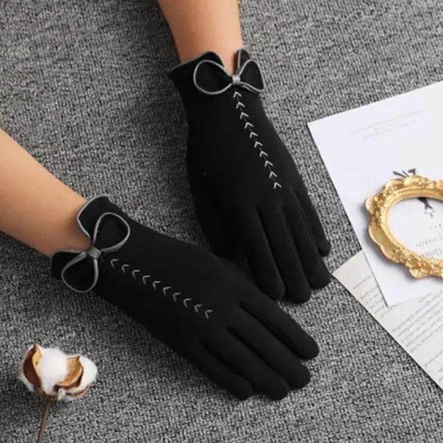 Elegant Black Women's Winter Bow Warm Outdoor Gloves