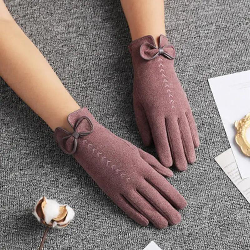 Elegant Black Women's Winter Bow Warm Outdoor Gloves