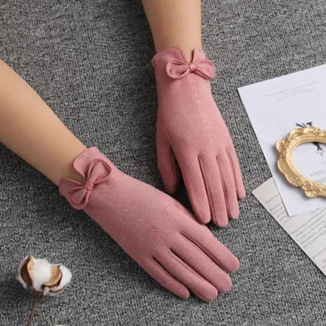 Elegant Black Women's Winter Bow Warm Outdoor Gloves