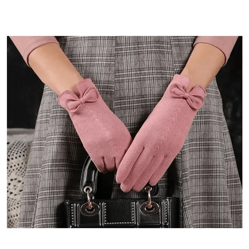 Elegant Black Women's Winter Bow Warm Outdoor Gloves
