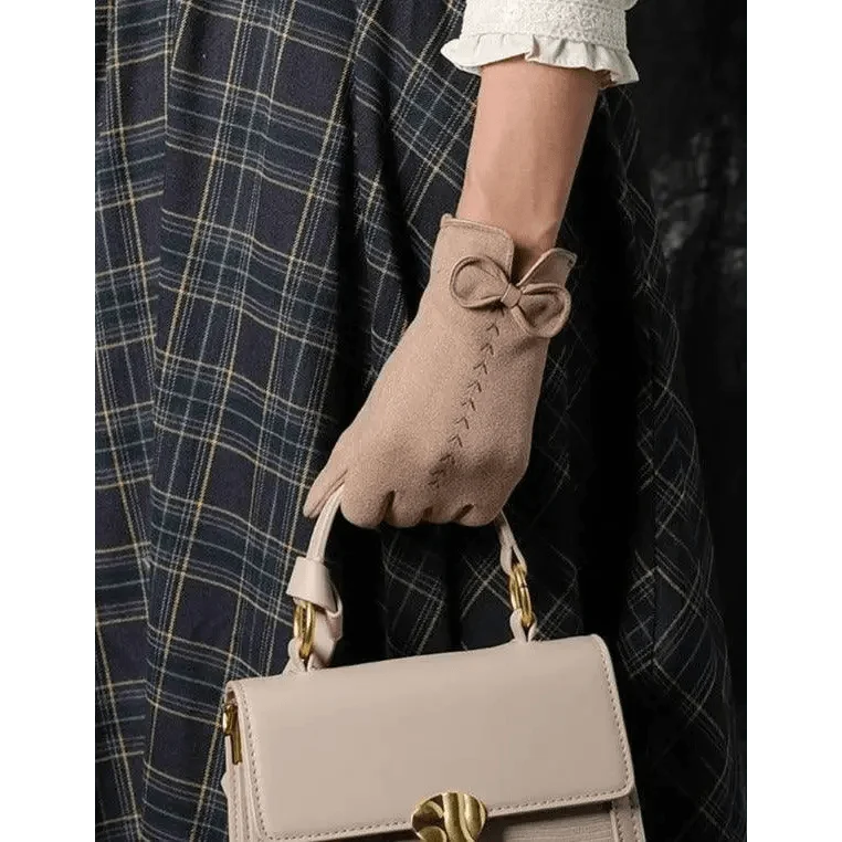 Elegant Black Women's Winter Bow Warm Outdoor Gloves