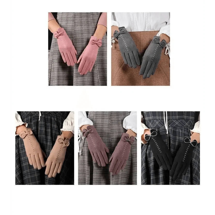 Elegant Black Women's Winter Bow Warm Outdoor Gloves