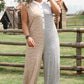 Gray Stripe Plus Size Color Block Buttoned Sleeveless Wide Leg Jumpsuit