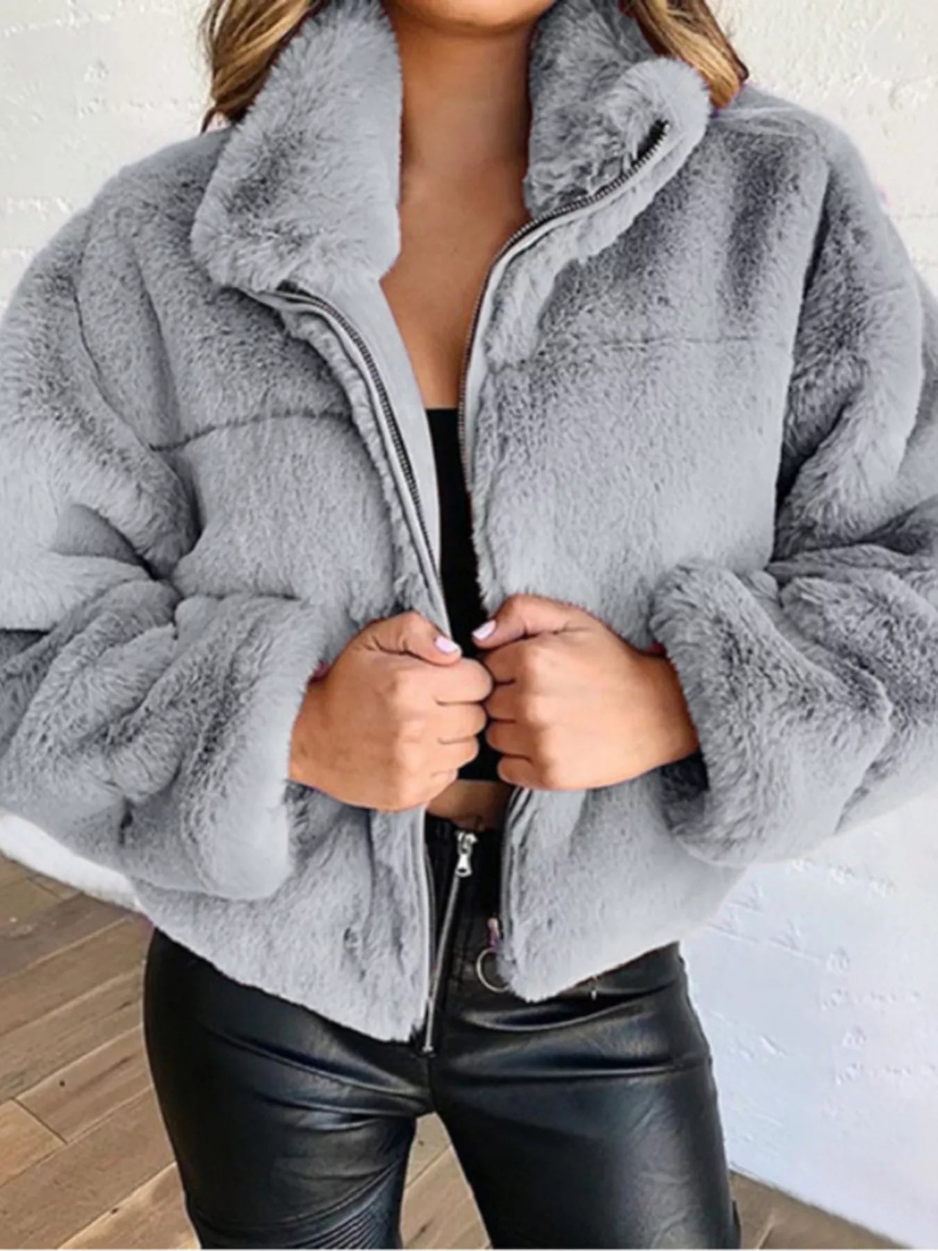 Plus Size Faux Fur Cropped Zip Up Jacket